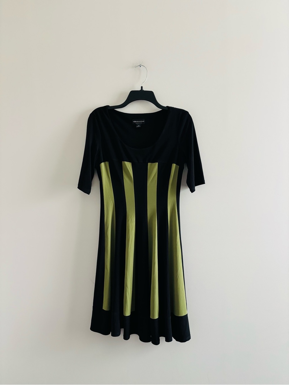 Vintage Connected Dress Black Green Stripe Swing Knit Womens 10 Mod Retro Party